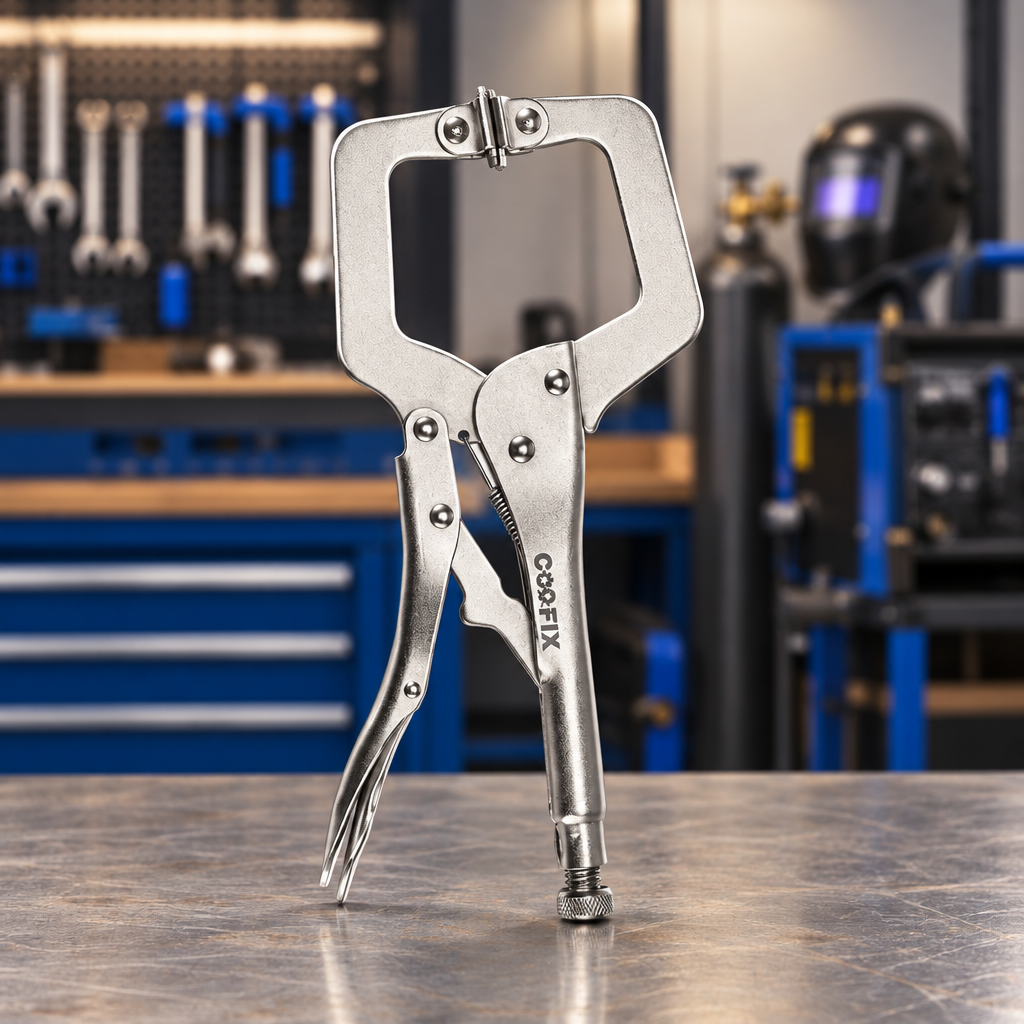 Coofix locking C-clamp on a workshop table