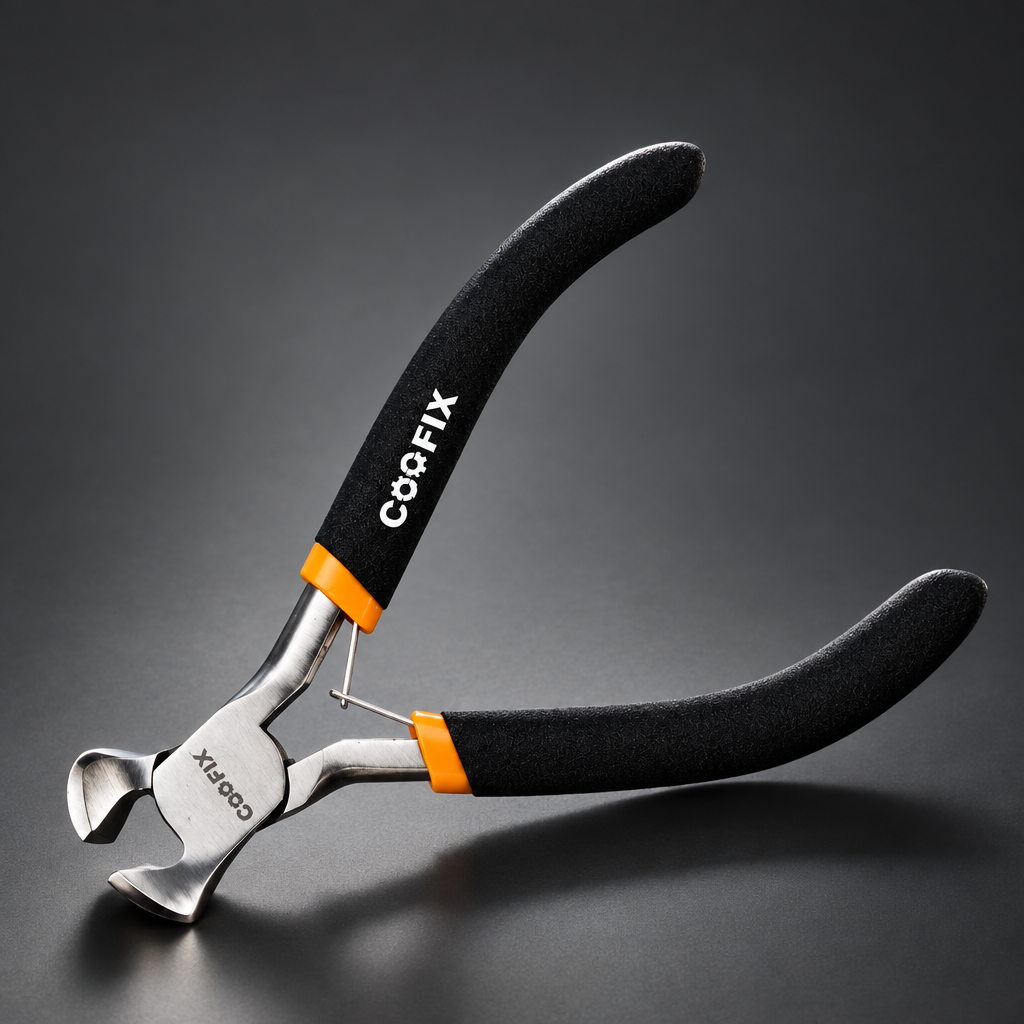 Coofix mini end-cutting pliers on a cinematic grey background