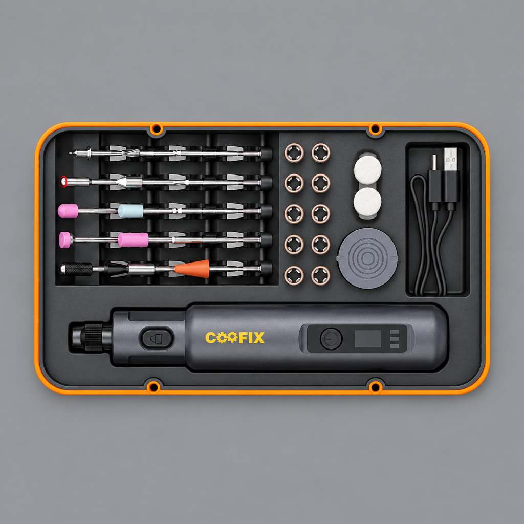 Coofix mini rotary tool set in its open tray