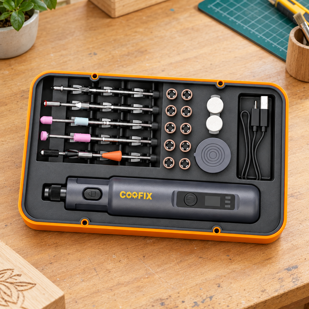 Coofix mini rotary tool set on a workbench