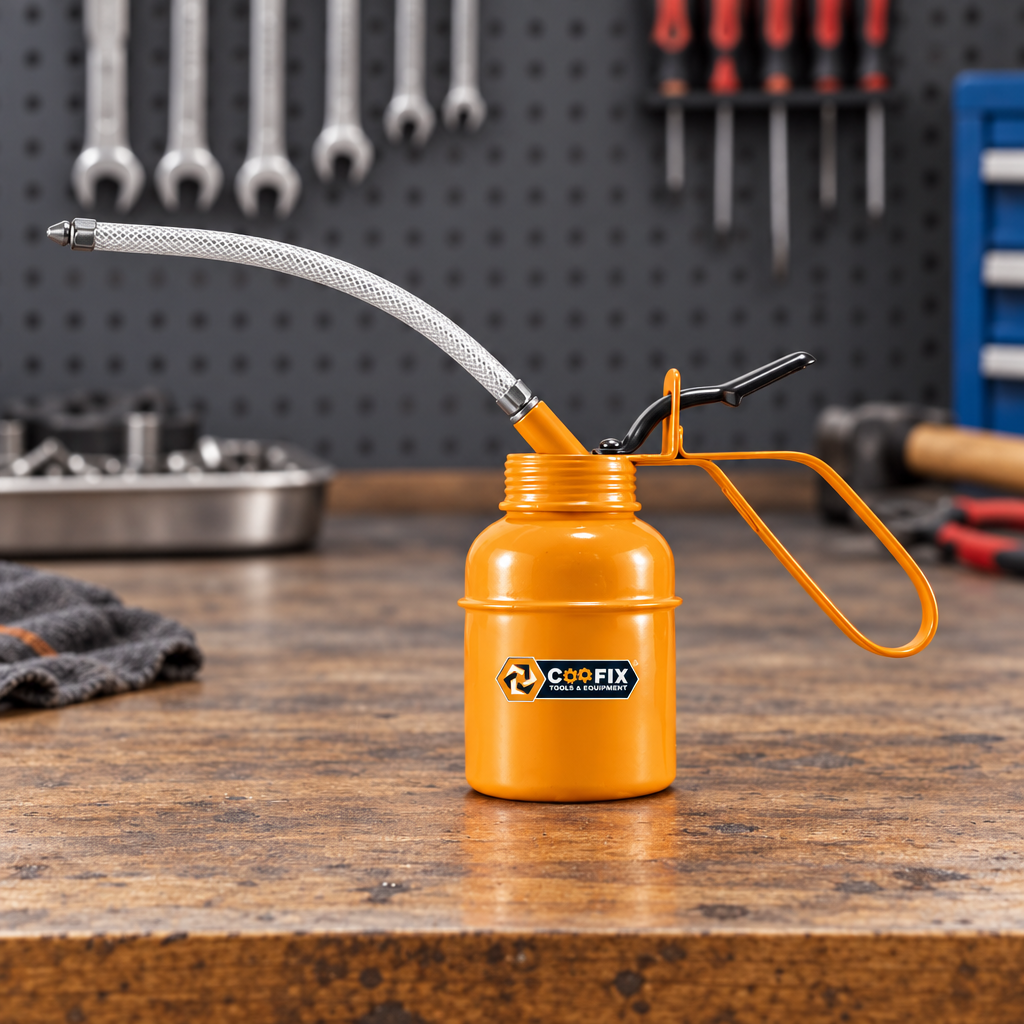 Coofix oil can on a workbench