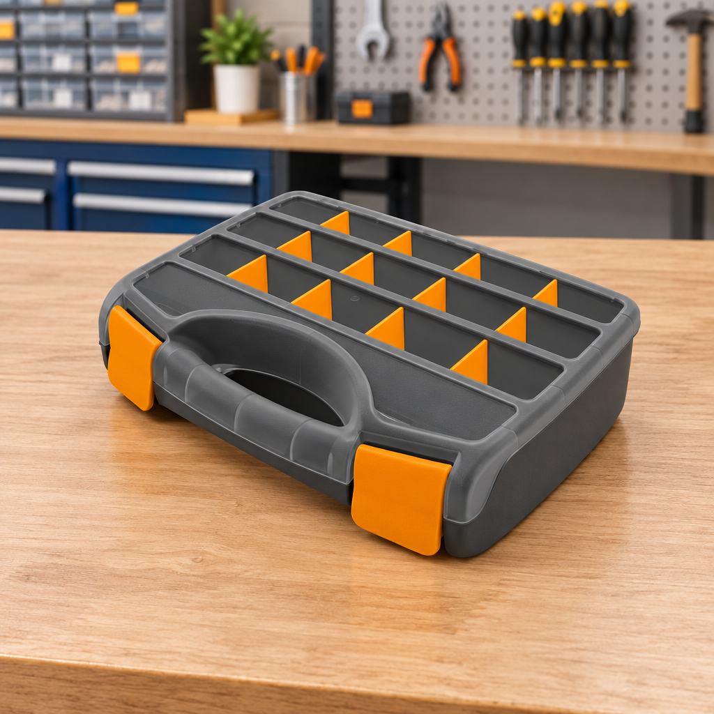 Coofix portable organizer on a workshop table