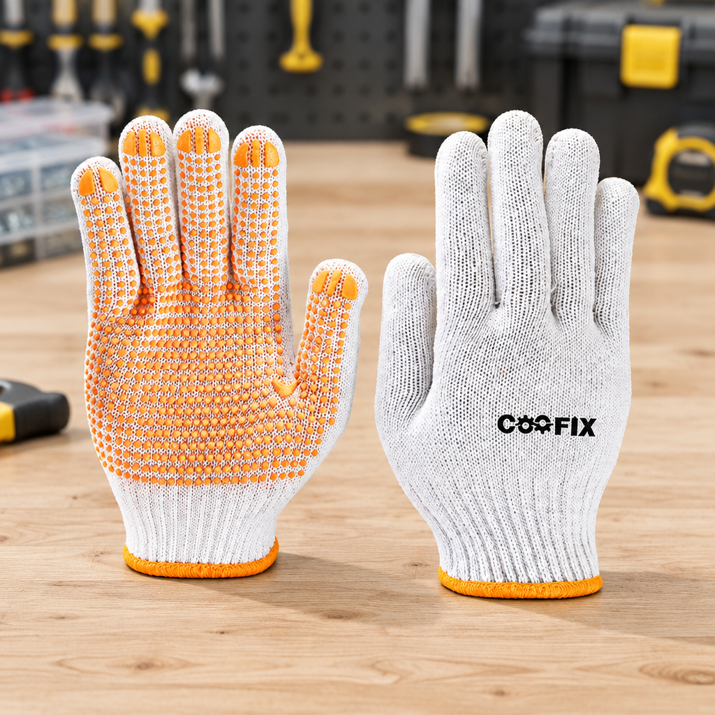 Coofix PVC-dotted gloves on a table