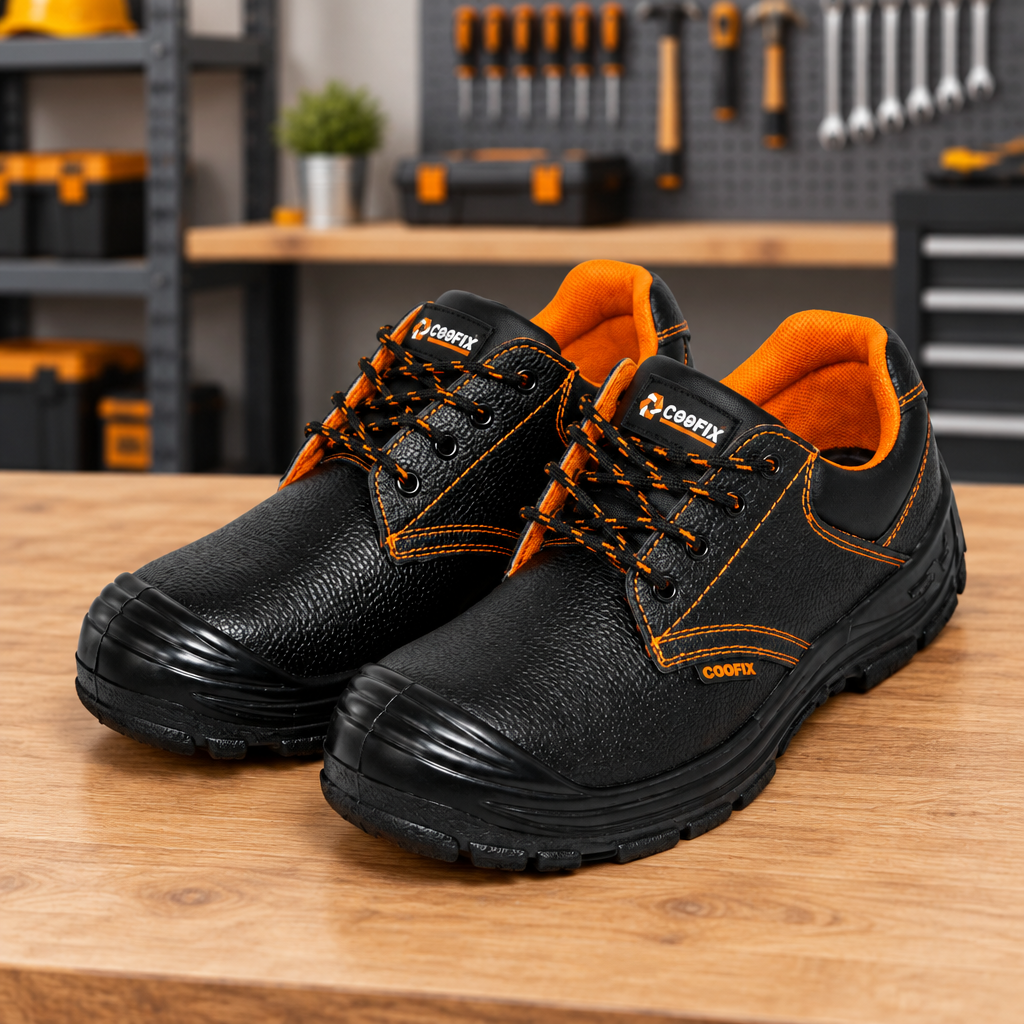 Coofix safety shoes on a workshop bench