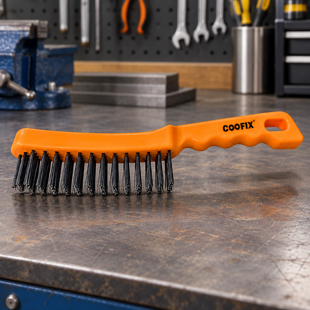 Coofix wire brush on a workbench