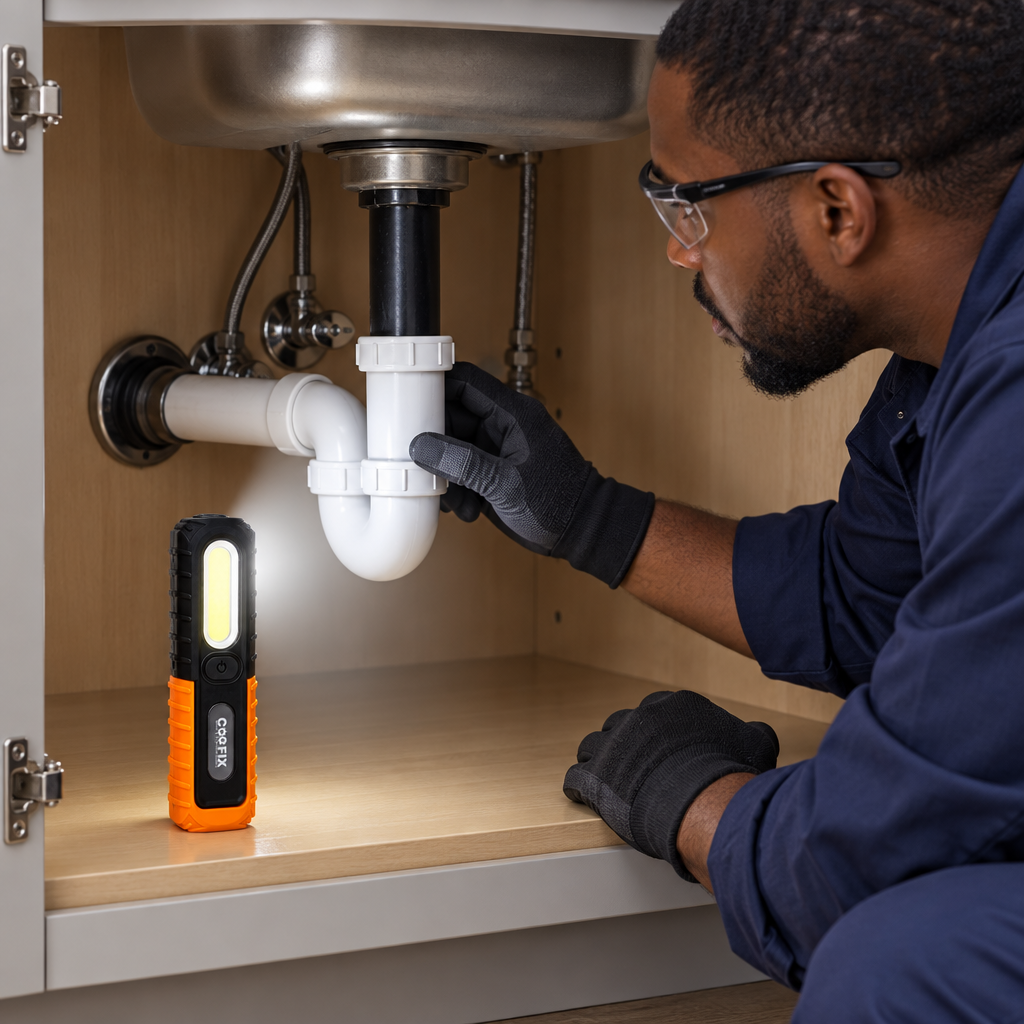Coofix work light illuminating a technician’s under-sink inspection