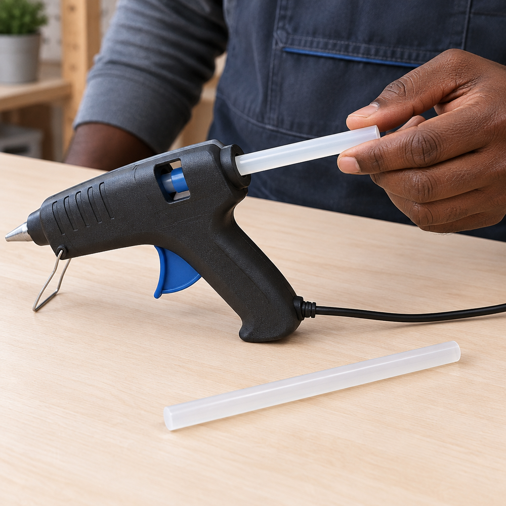 Craft worker loading a glue stick into a separate glue gun