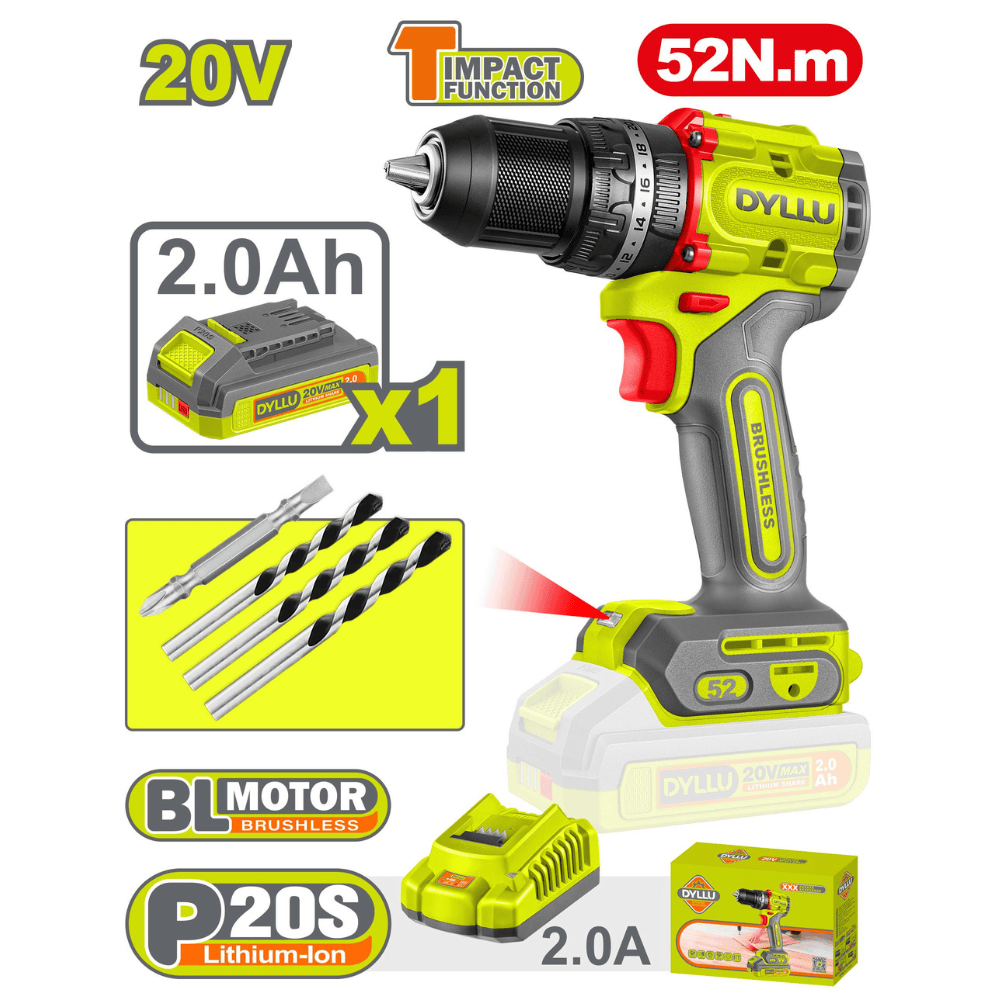 Dyllu Drill Dyllu Lithium-ion 20V Compact Brushless Cordless Impact Drill - DTCDP5282