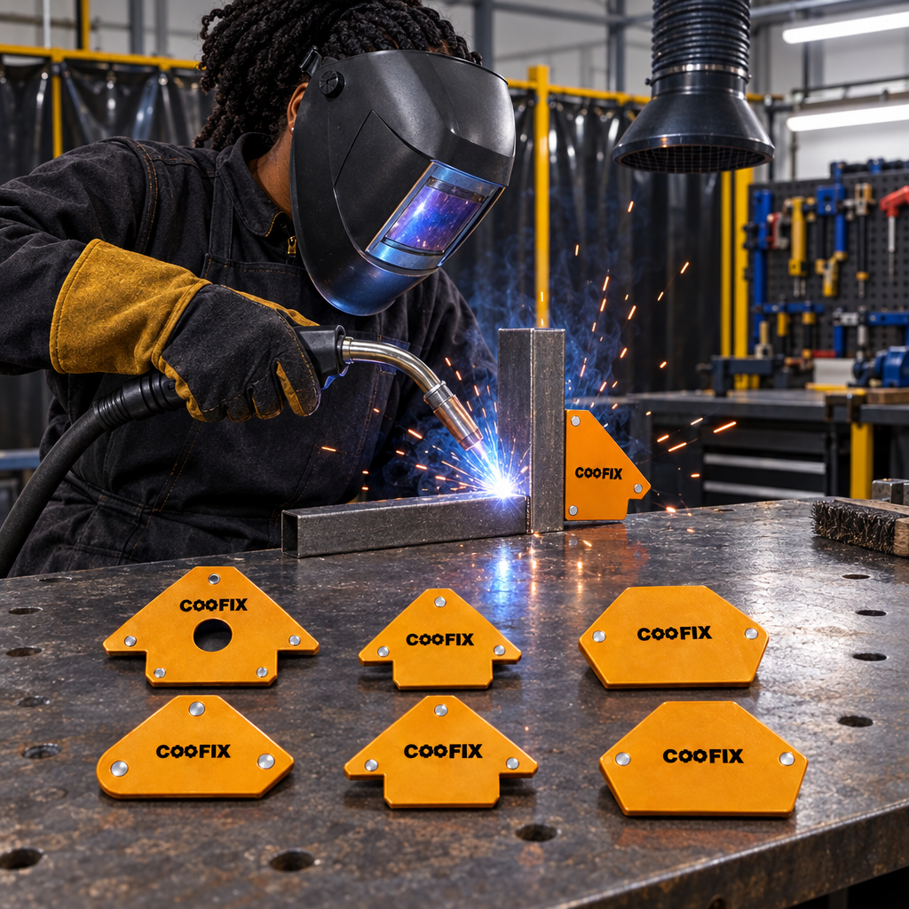Fabricator using a Coofix magnetic welding holder to position steel