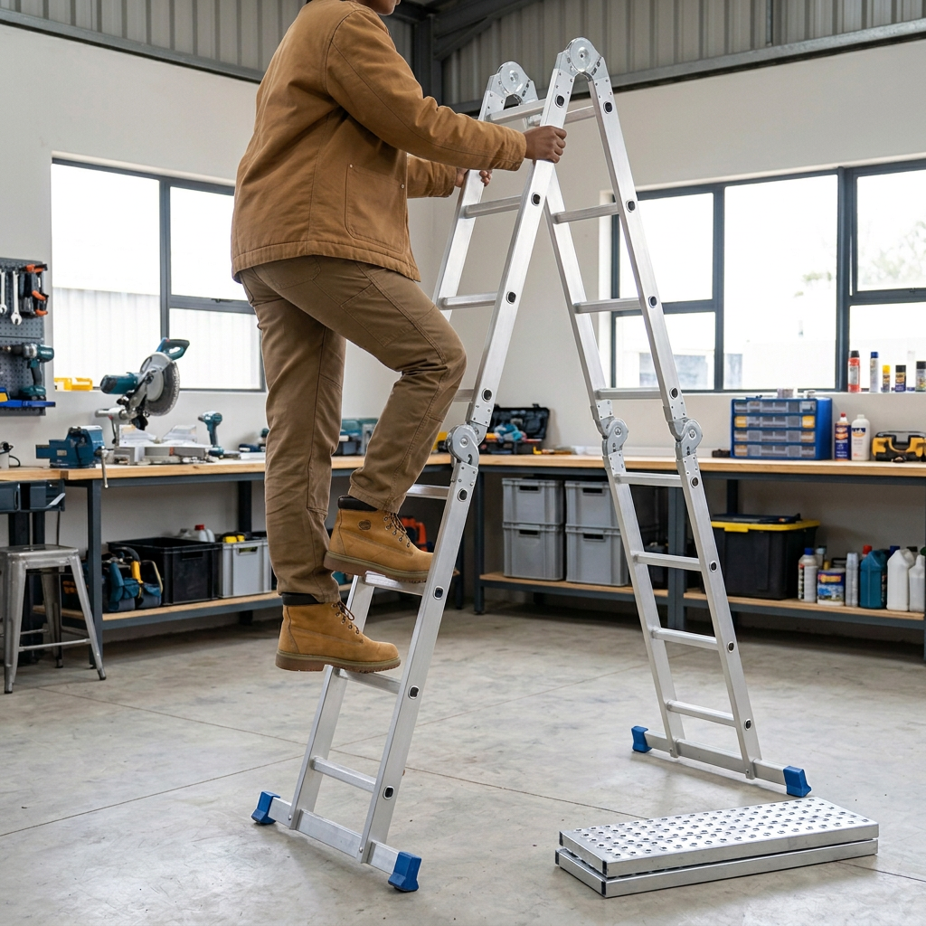 Face-hidden climbing scene using the Wadfow WLD7H44 multipurpose ladder