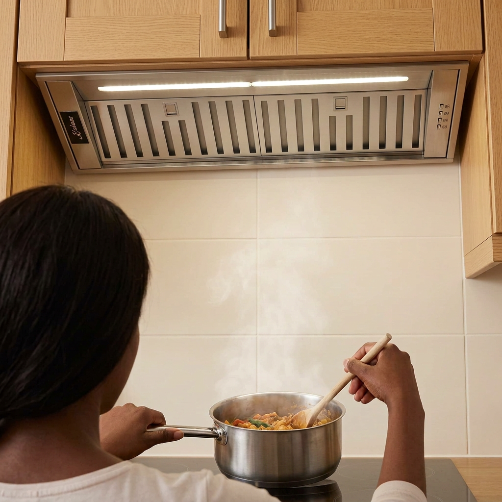 Face-hidden cooking scene beneath the integrated Kaiser cooker hood
