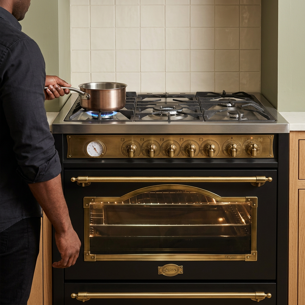 Face-hidden cooking scene using the black Kaiser Empire range