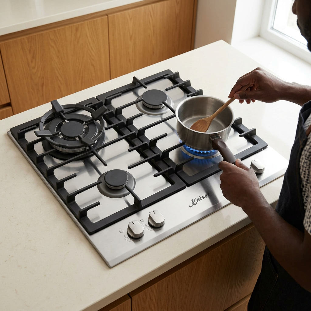 Face-hidden cooking scene with the Kaiser Grand Chef Turbo 60cm gas hob
