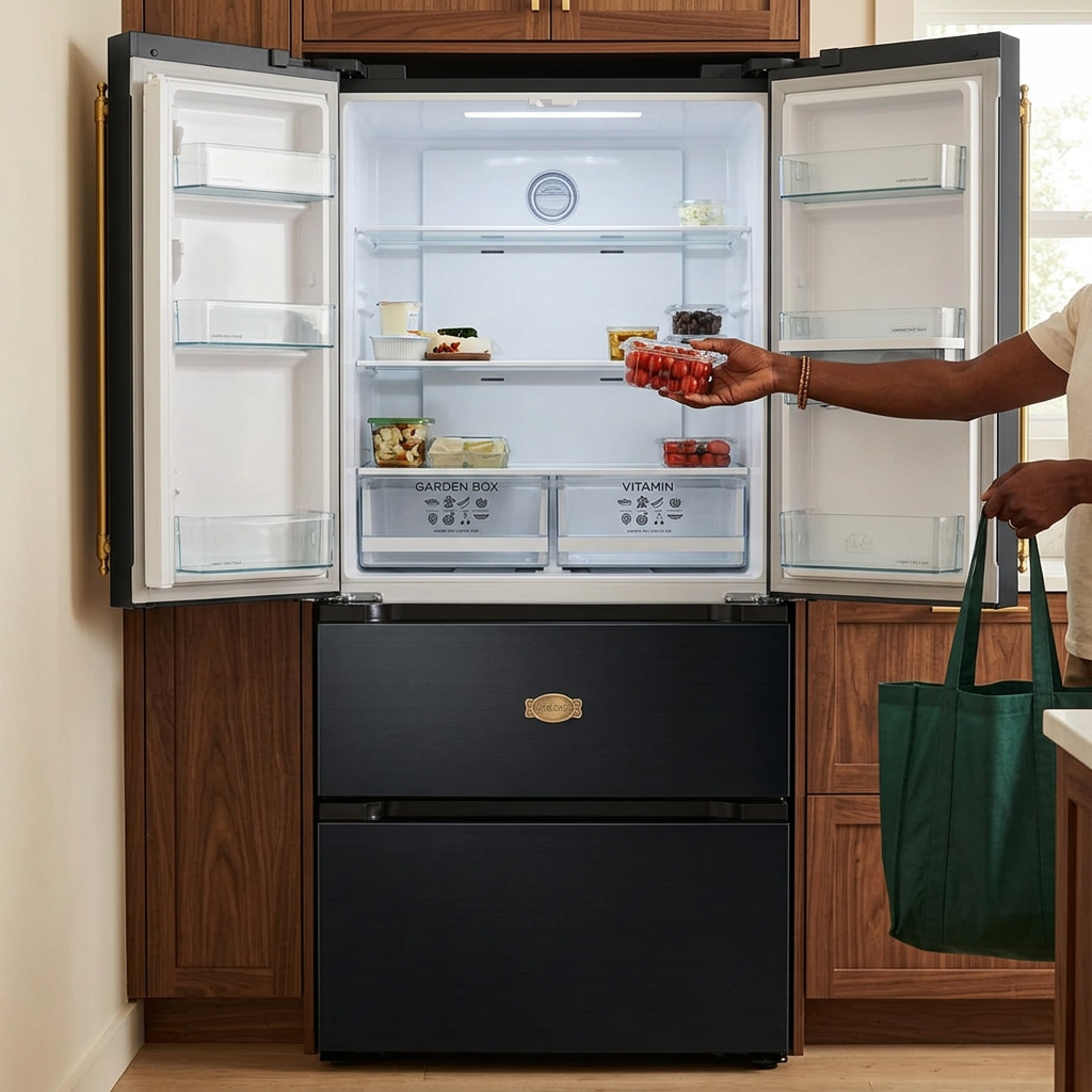 Face-hidden scene placing groceries into the open black Kaiser Empire refrigerator