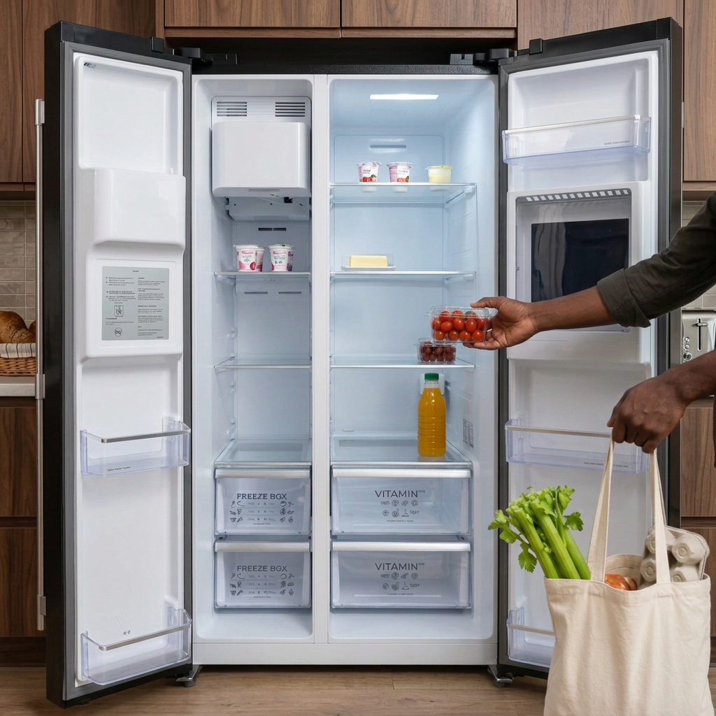 Face-hidden scene placing groceries into the open Kaiser refrigerator, based on your open-door reference
