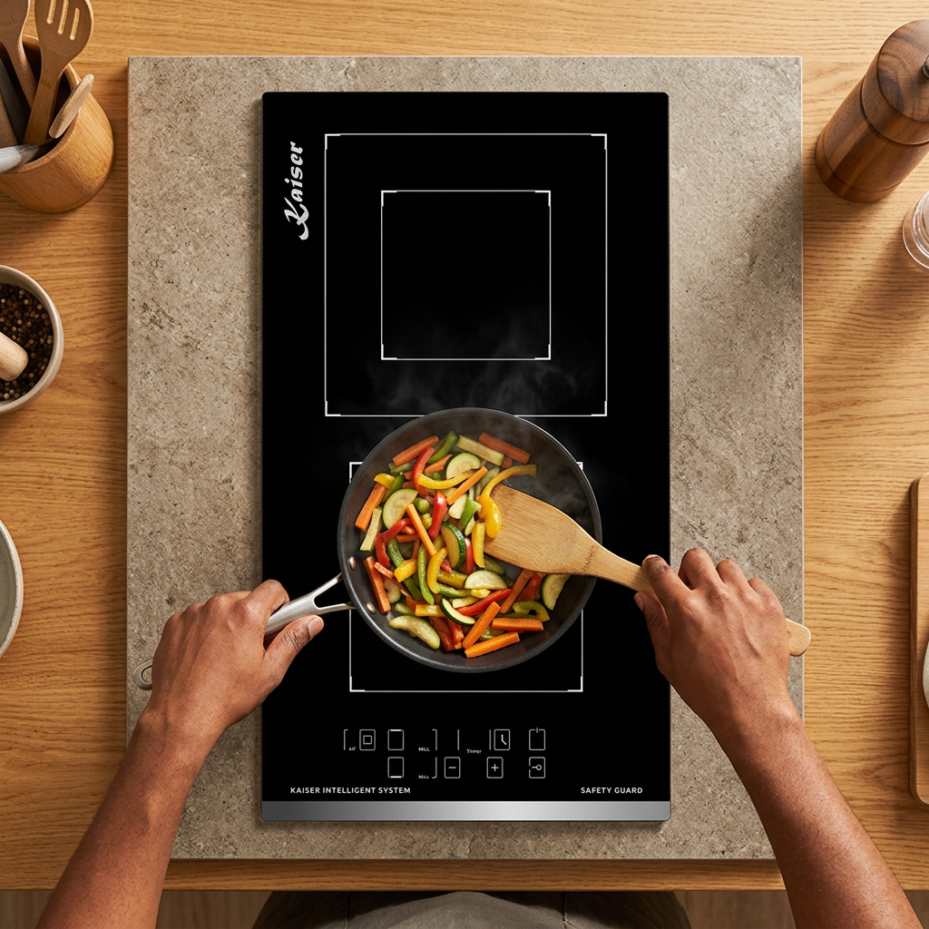 Face-hidden vegetable preparation on the black Kaiser ceramic hob