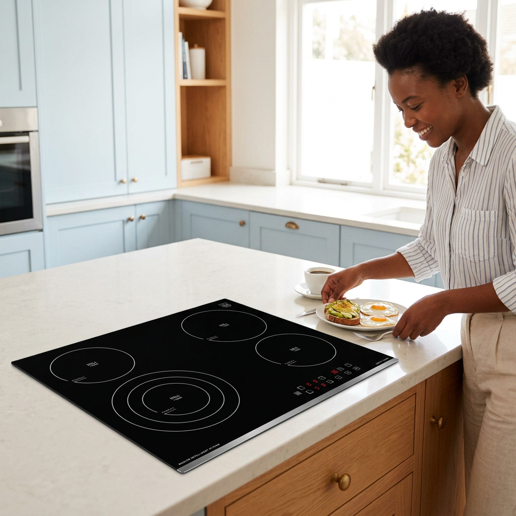 Face-visible breakfast scene beside the Kaiser Grand Chef 60cm black glass ceramic hob