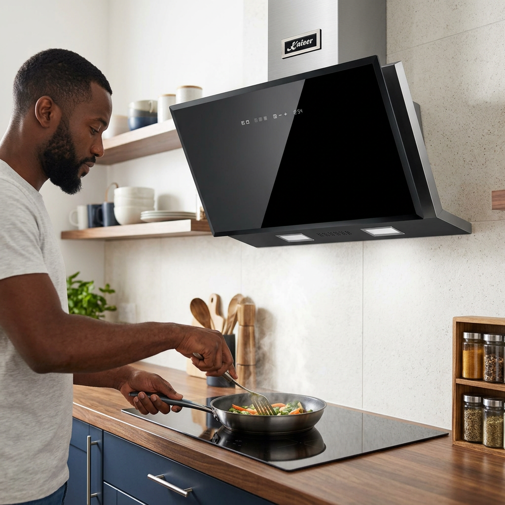 Face-visible cooking scene beneath the Kaiser Avantgarde Pro 90cm hood