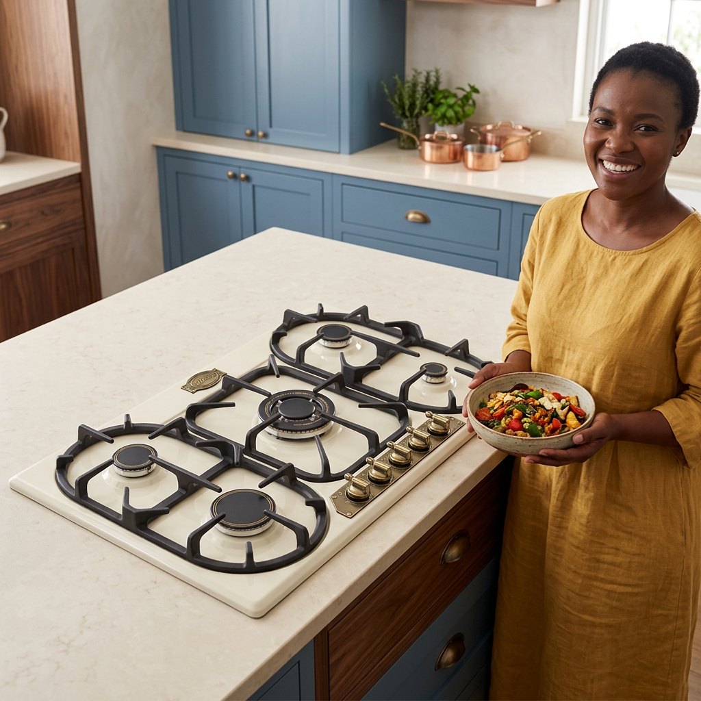 Face-visible lifestyle scene beside the ivory Kaiser Empire five-burner hob