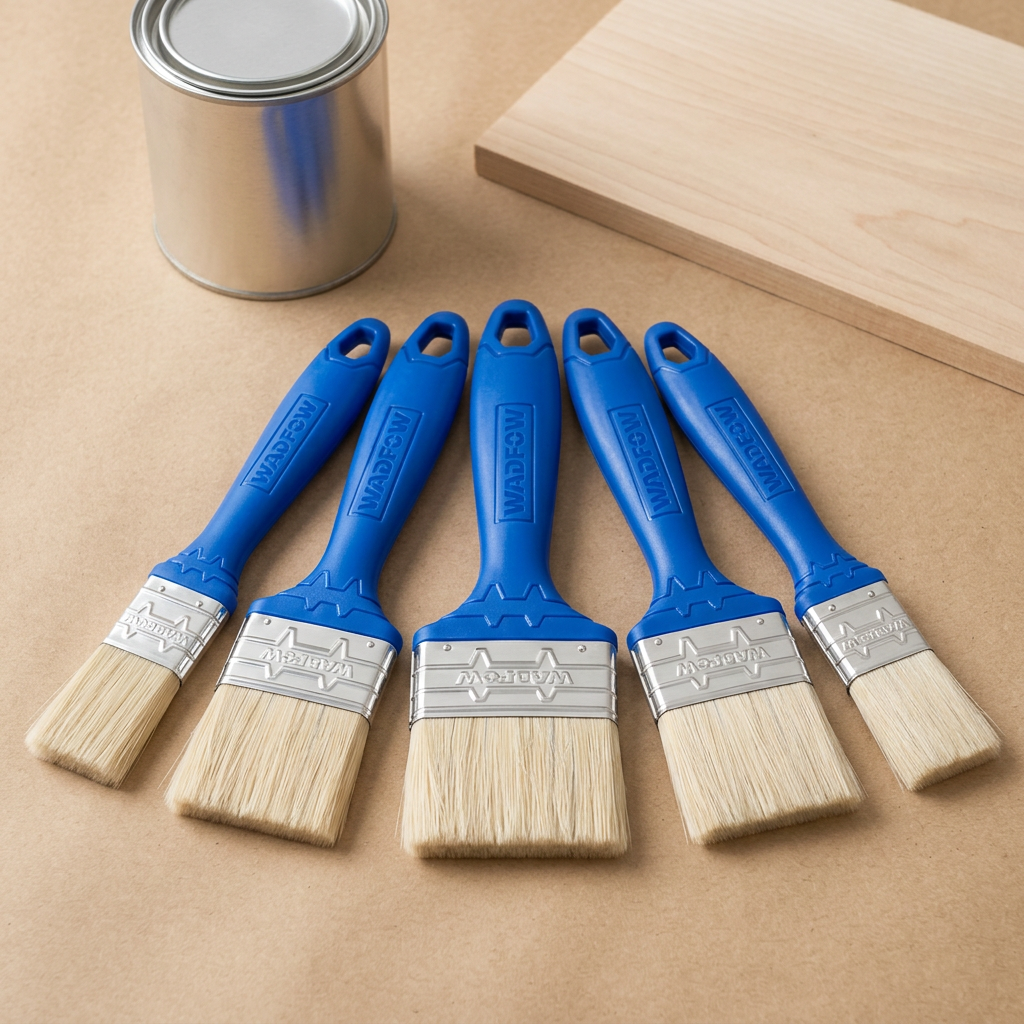 Five Wadfow paint brushes arranged on a workshop bench