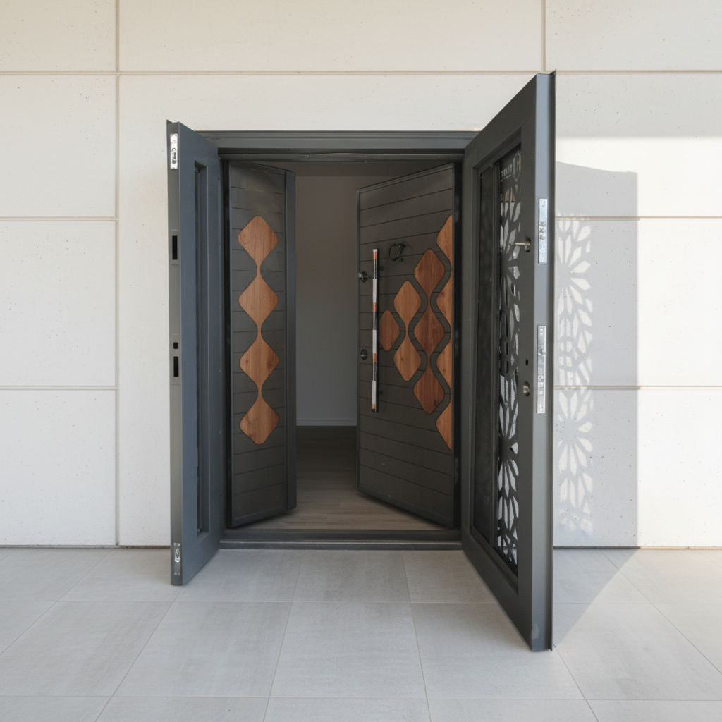 Fort Door Fort Door Laminox Security Door with Ventilated Burglar Guard - Graphite Walnut Mosaic