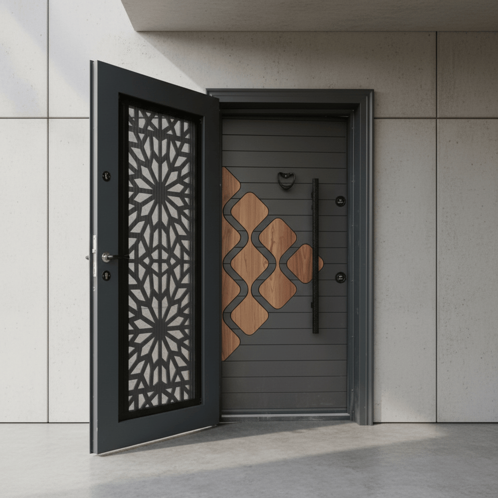 Fort Door Fort Door Laminox Security Door with Ventilated Burglar Guard - Graphite Walnut Mosaic