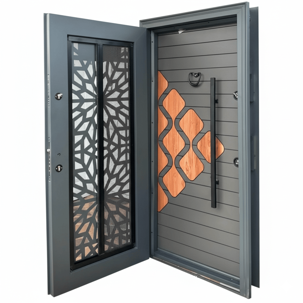 Fort Door Fort Door Laminox Security Door with Ventilated Burglar Guard - Graphite Walnut Mosaic