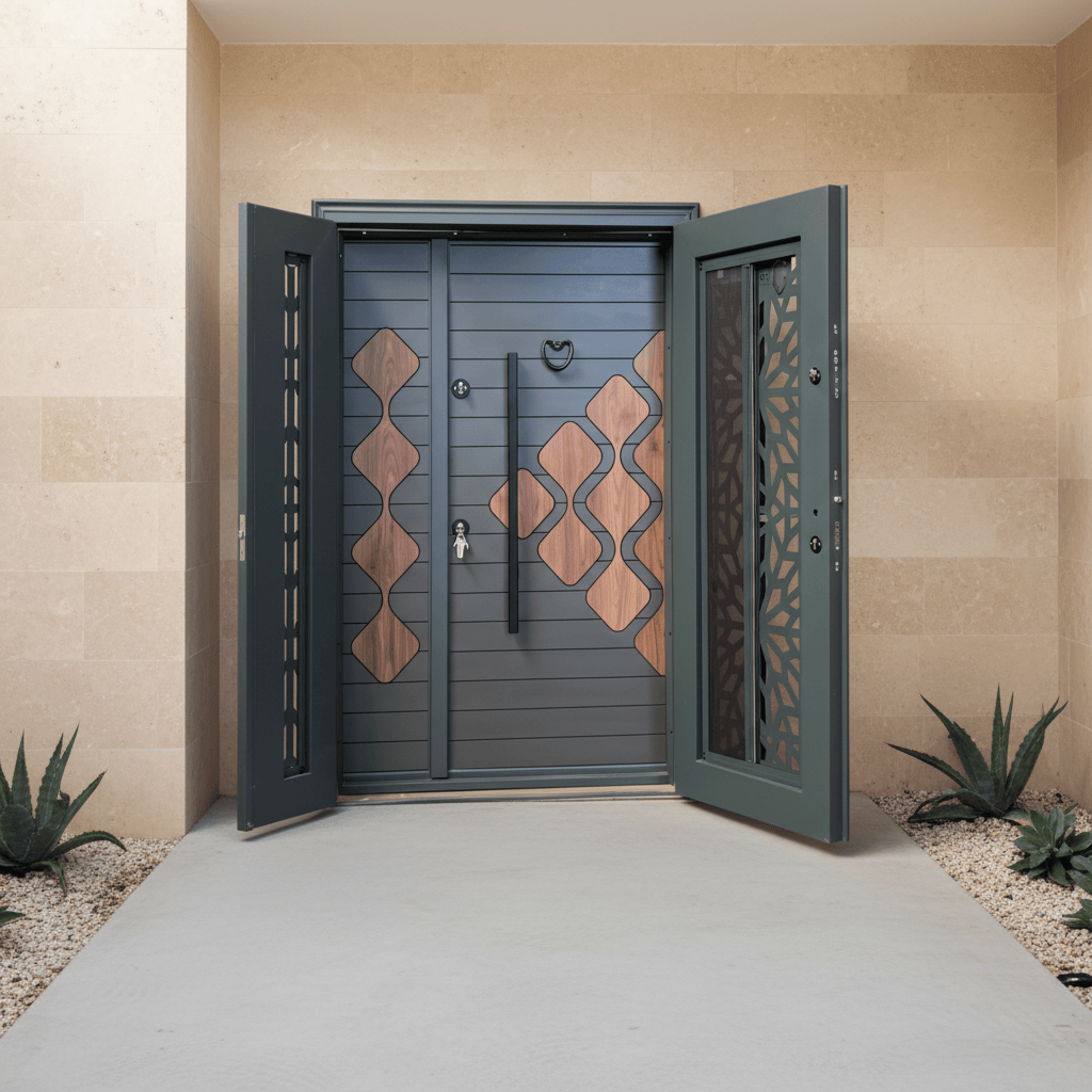 Fort Door Fort Door Laminox Security Door with Ventilated Burglar Guard - Graphite Walnut Mosaic