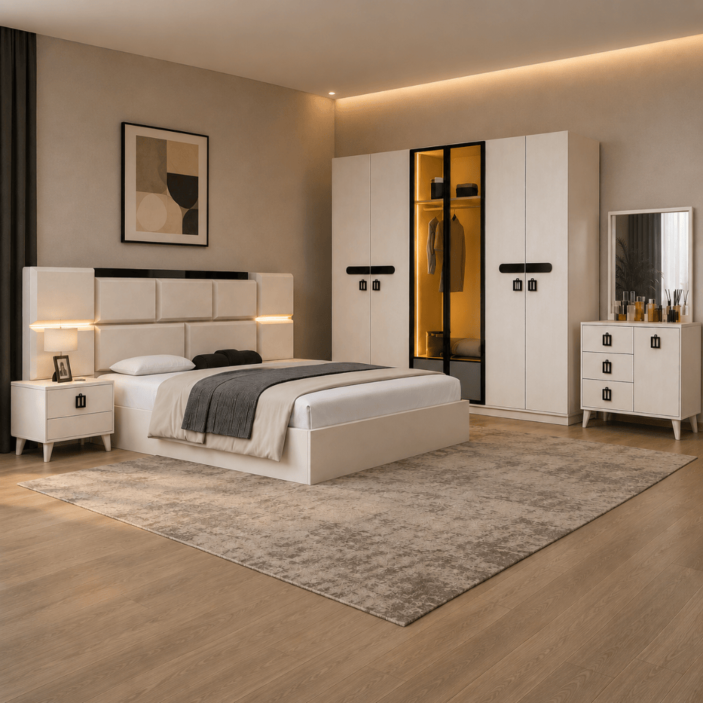 Furniture Sarayi Bedroom Furniture Modern 5 Piece Vision Bedroom Set with Queen Sized Bed, LED Wardrobe, Side Tables & Dresser Mirror