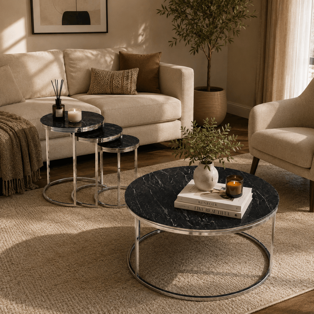 Furniture Sarayi Living Room Furniture Modern Round Nesting Coffee Table Set Black Marble Top with Silver Metal Frame - F-9002