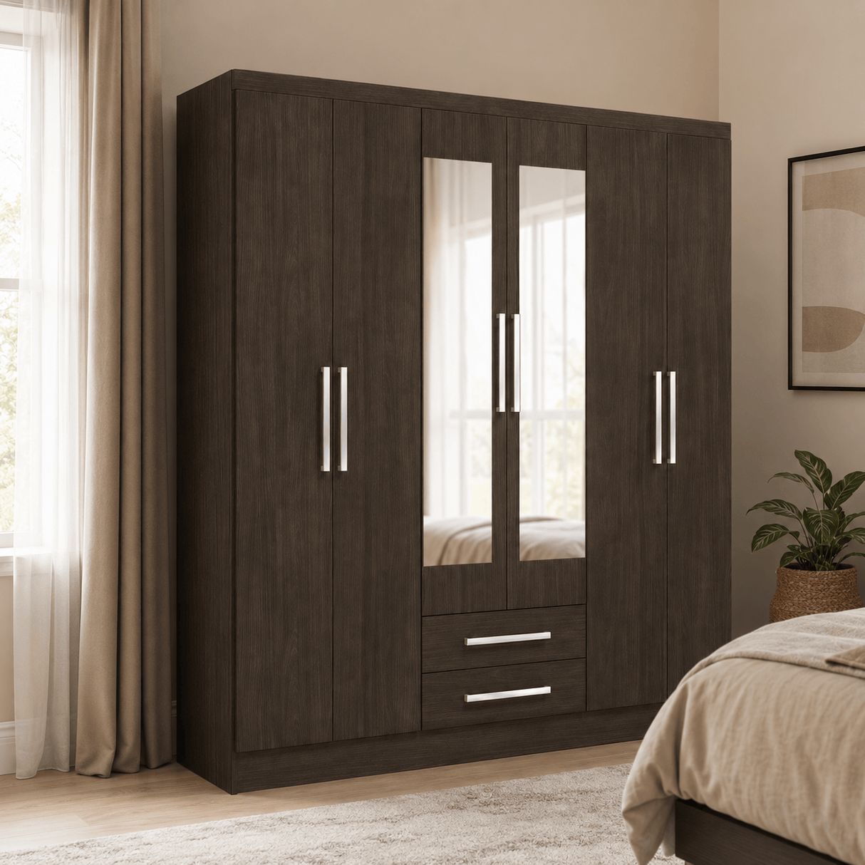 Furniture Sarayi Bedroom Furniture Modern Six Door Wooden Bedroom Wardrobe with Dual Mirrors & 2 Drawers - EX0256