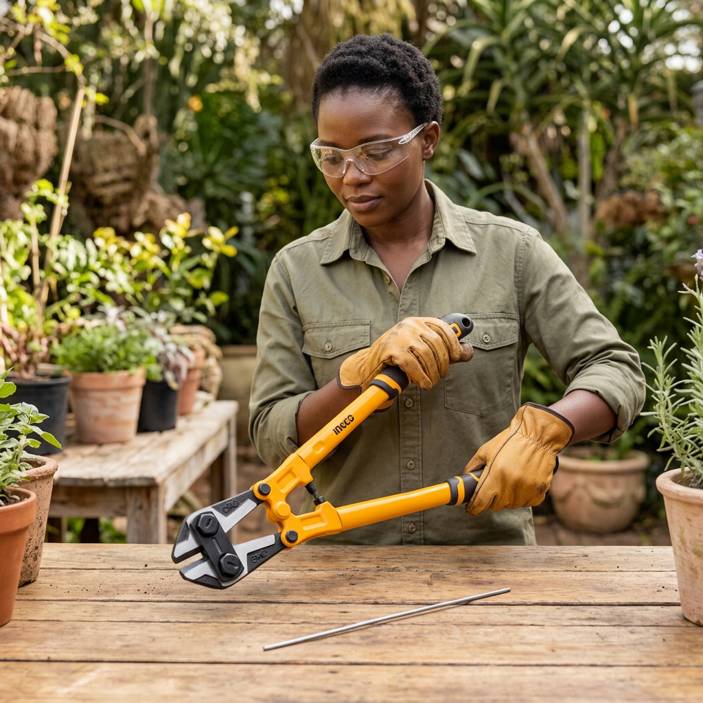 Garden maintenance professional preparing the Ingco bolt cutter beside spare support wire