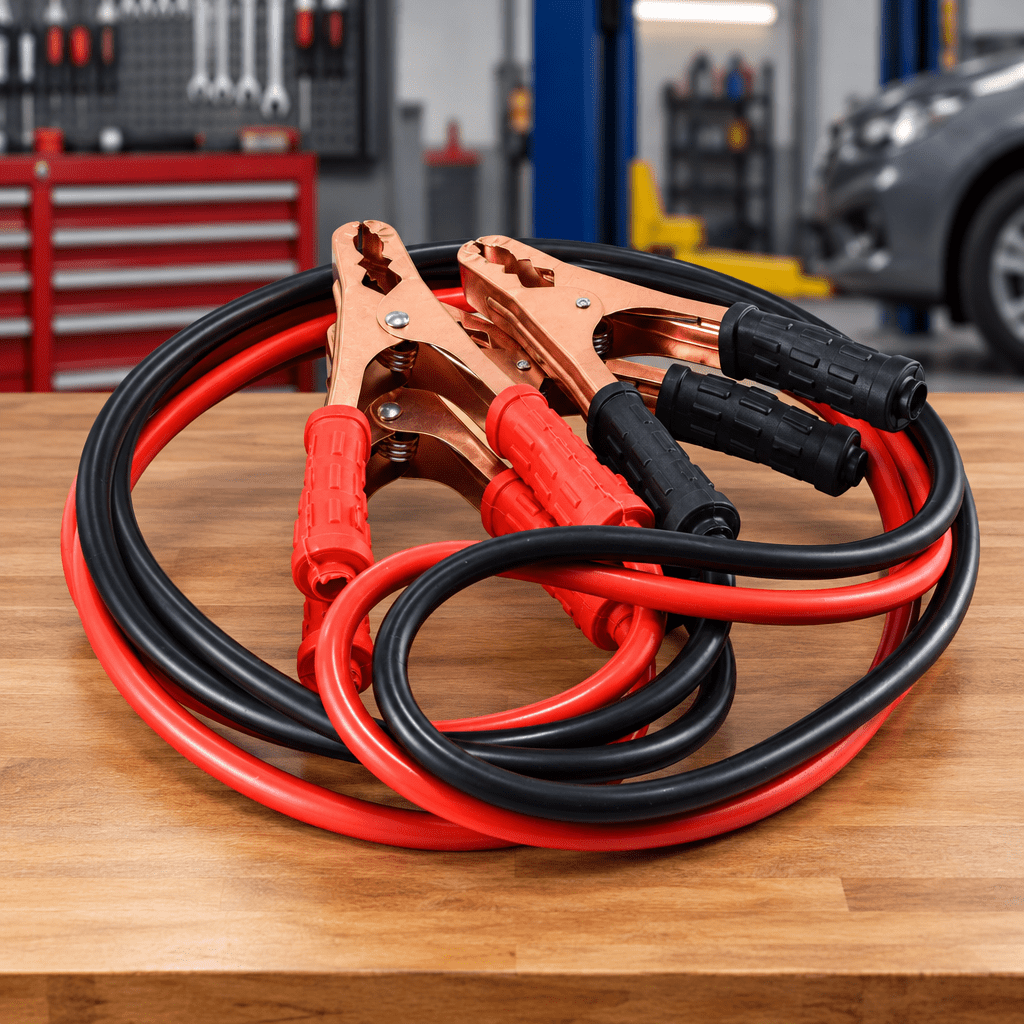 Heavy-duty jumper cables on an automotive workbench