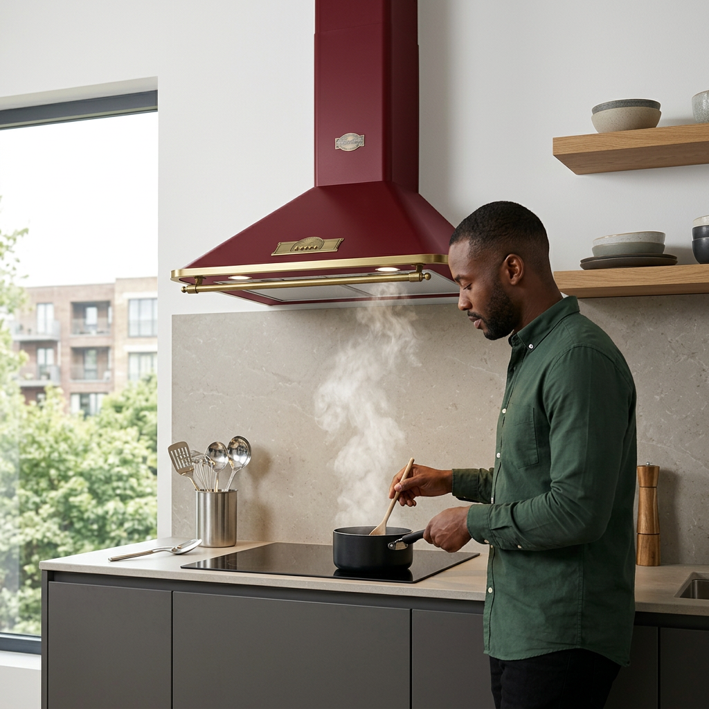 Home cook beneath the Kaiser Empire hood in a modern apartment kitchen