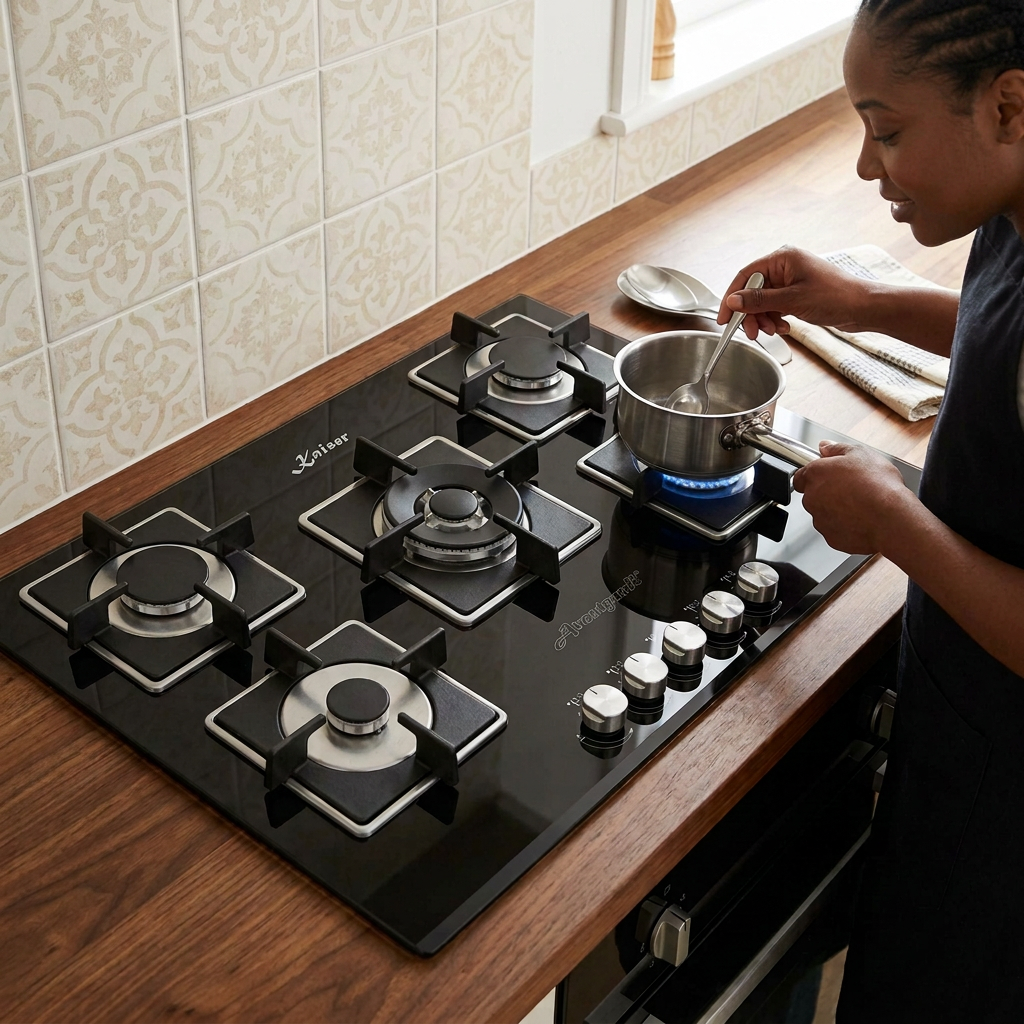 Home cook using a nearby burner from the Kaiser hob’s control side