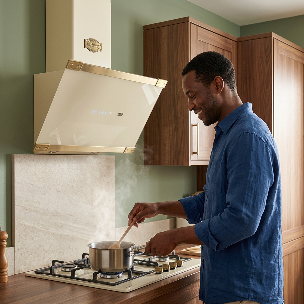 Home cook using the ivory Art Deco cooker hood in a walnut-and-sage kitchen