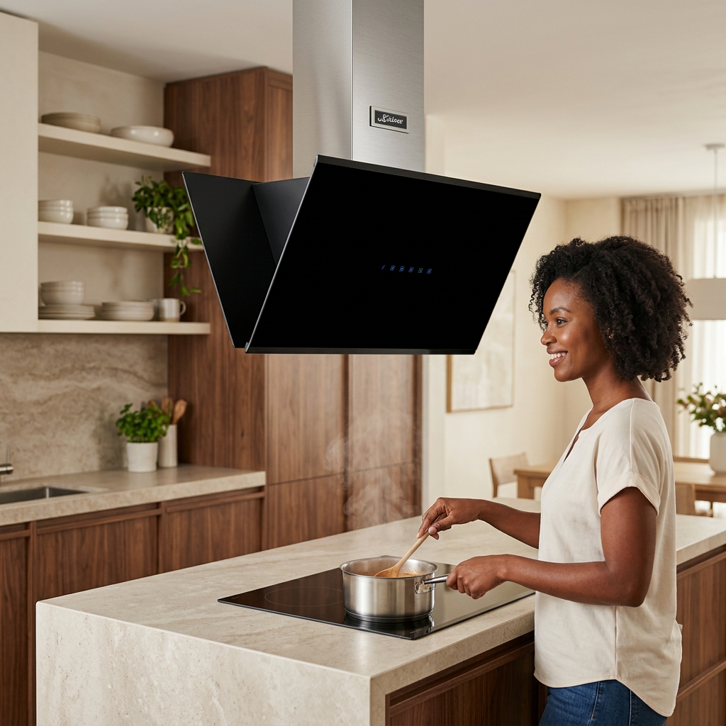 Home cook using the Kaiser hood above a kitchen island