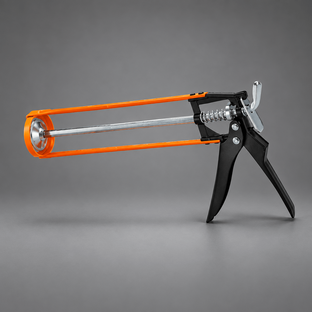 Open-frame Coofix caulking gun on a cinematic grey studio background