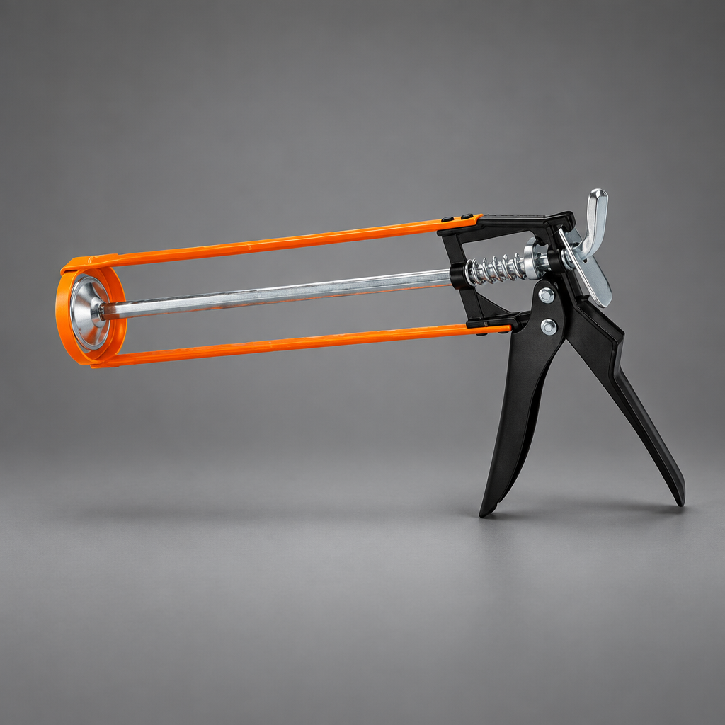 Open-frame Coofix caulking gun on a cinematic grey studio background
