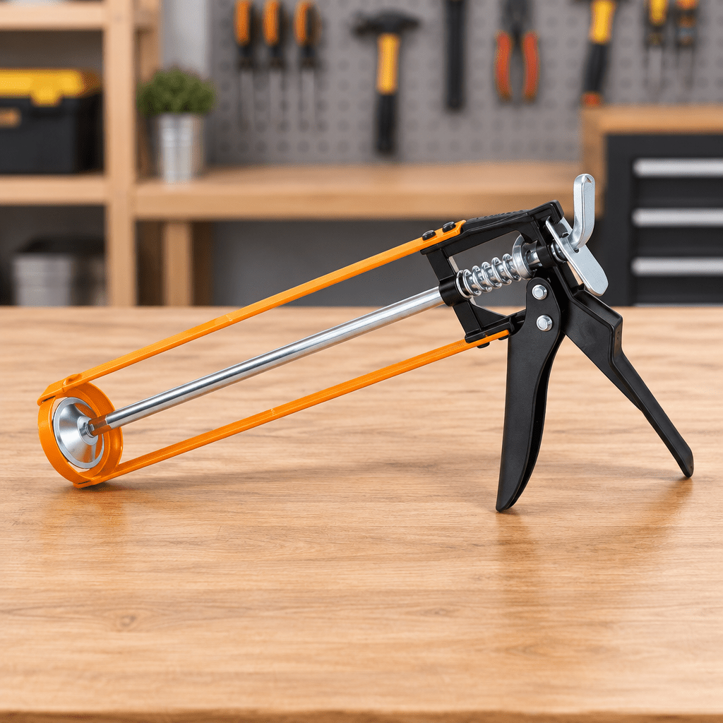 Open-frame Coofix caulking gun displayed on a clean workshop table