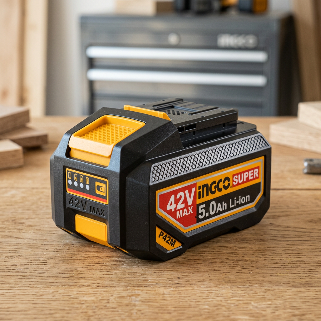 Ingco 5.0Ah battery on a wooden workbench