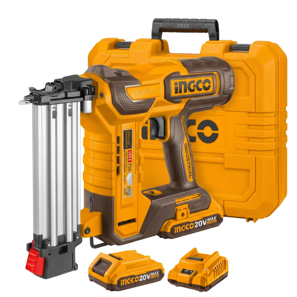 Ingco brad nailer kit on white with two batteries, charger, and carrying case