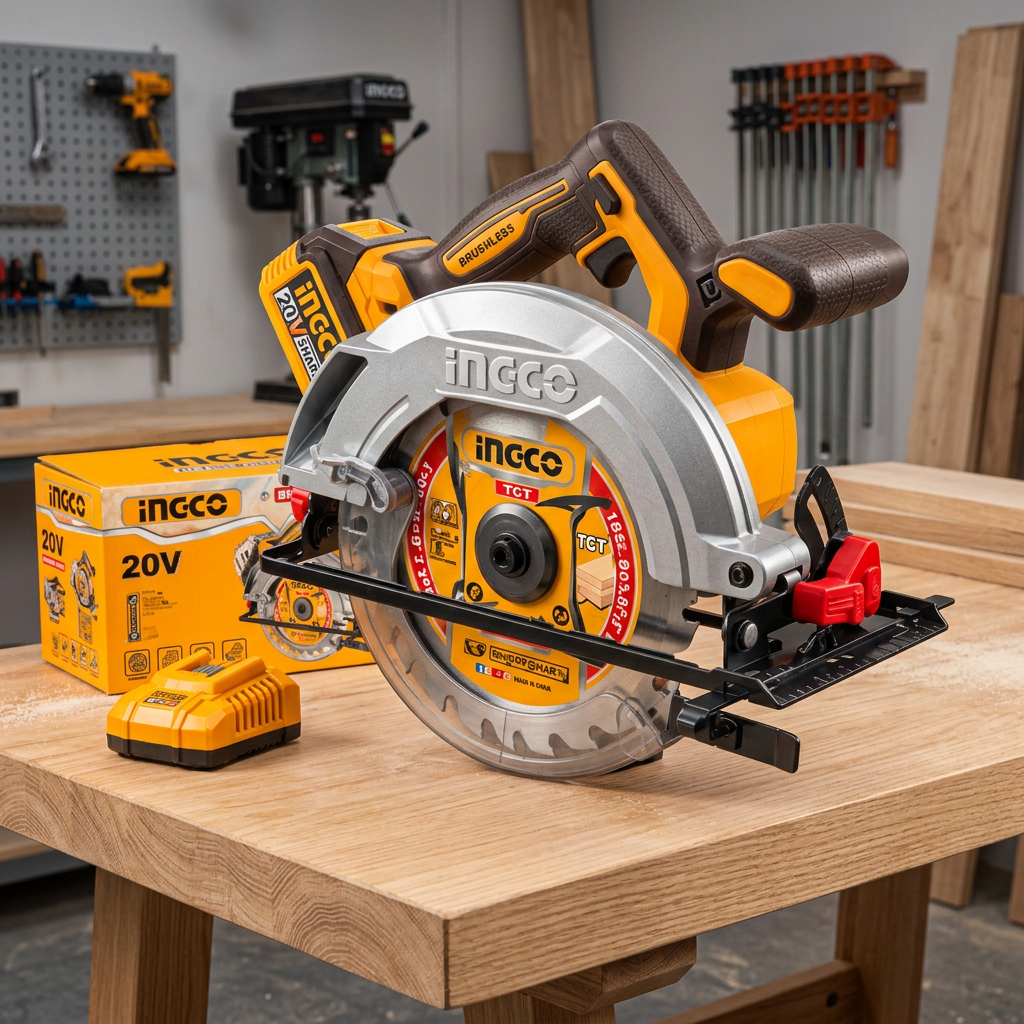 Ingco circular saw kit on a wooden workshop bench