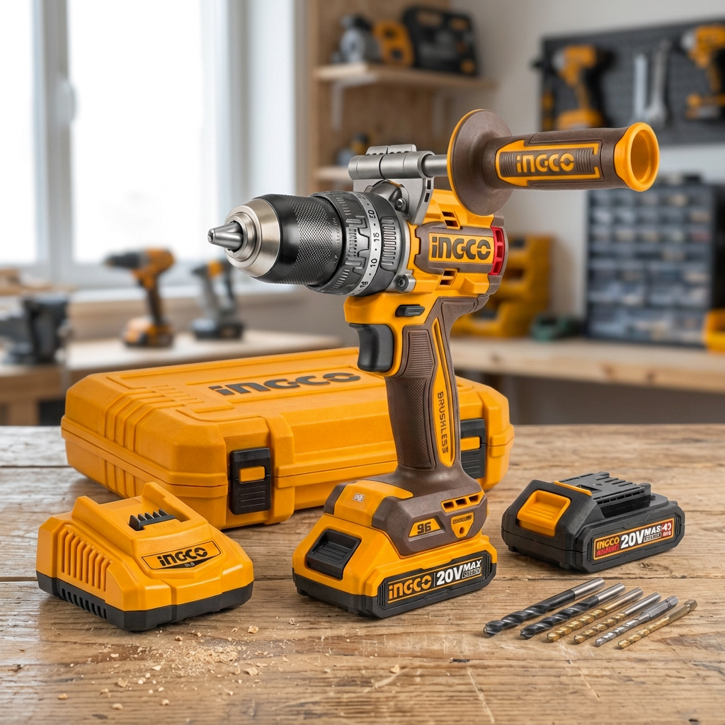 Ingco impact drill kit on a workshop bench