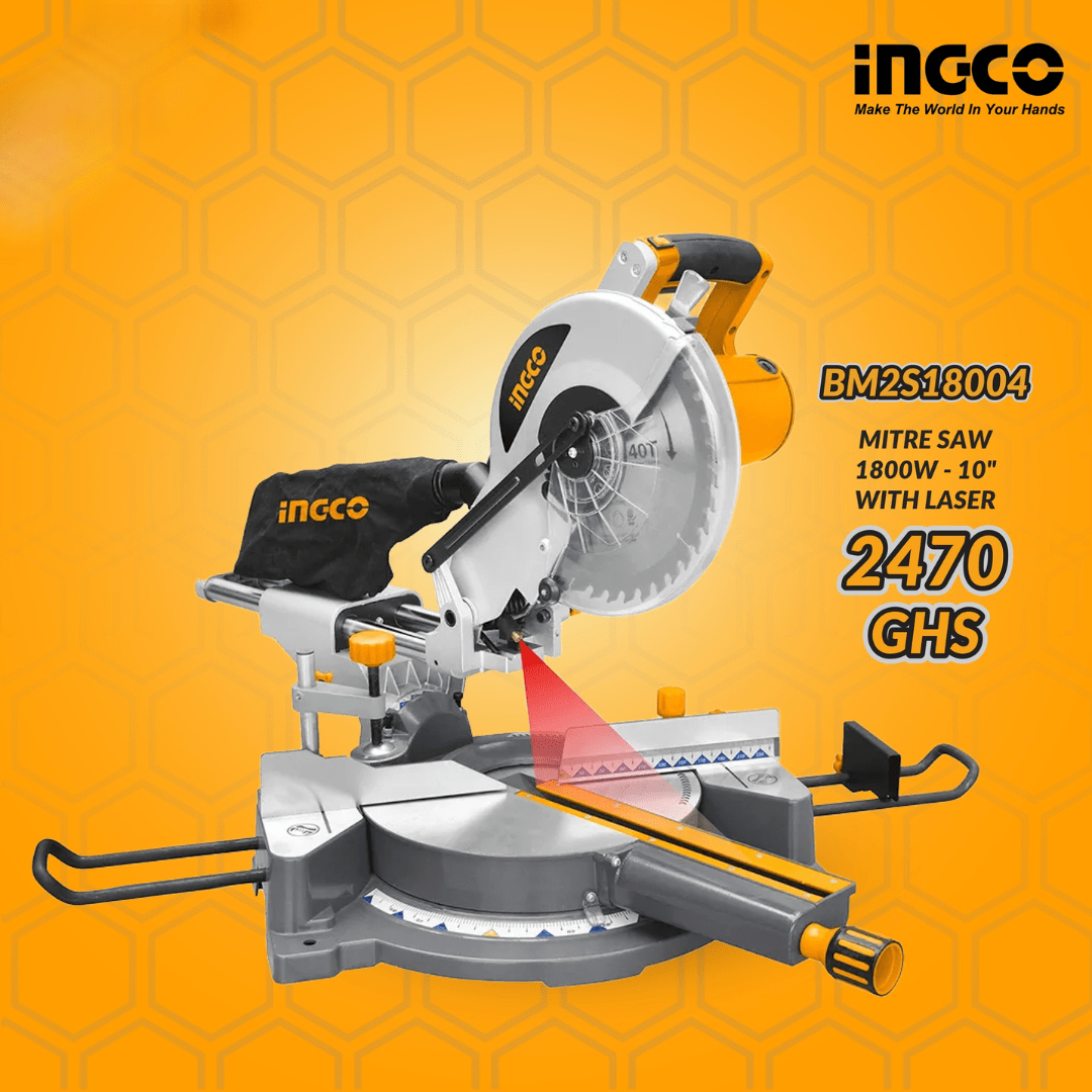 Ingco Bench & Stationary Tool Ingco 10" Mitre Saw 1800W with Adjustable Blade & 0-45° Bevel – BM2S18004