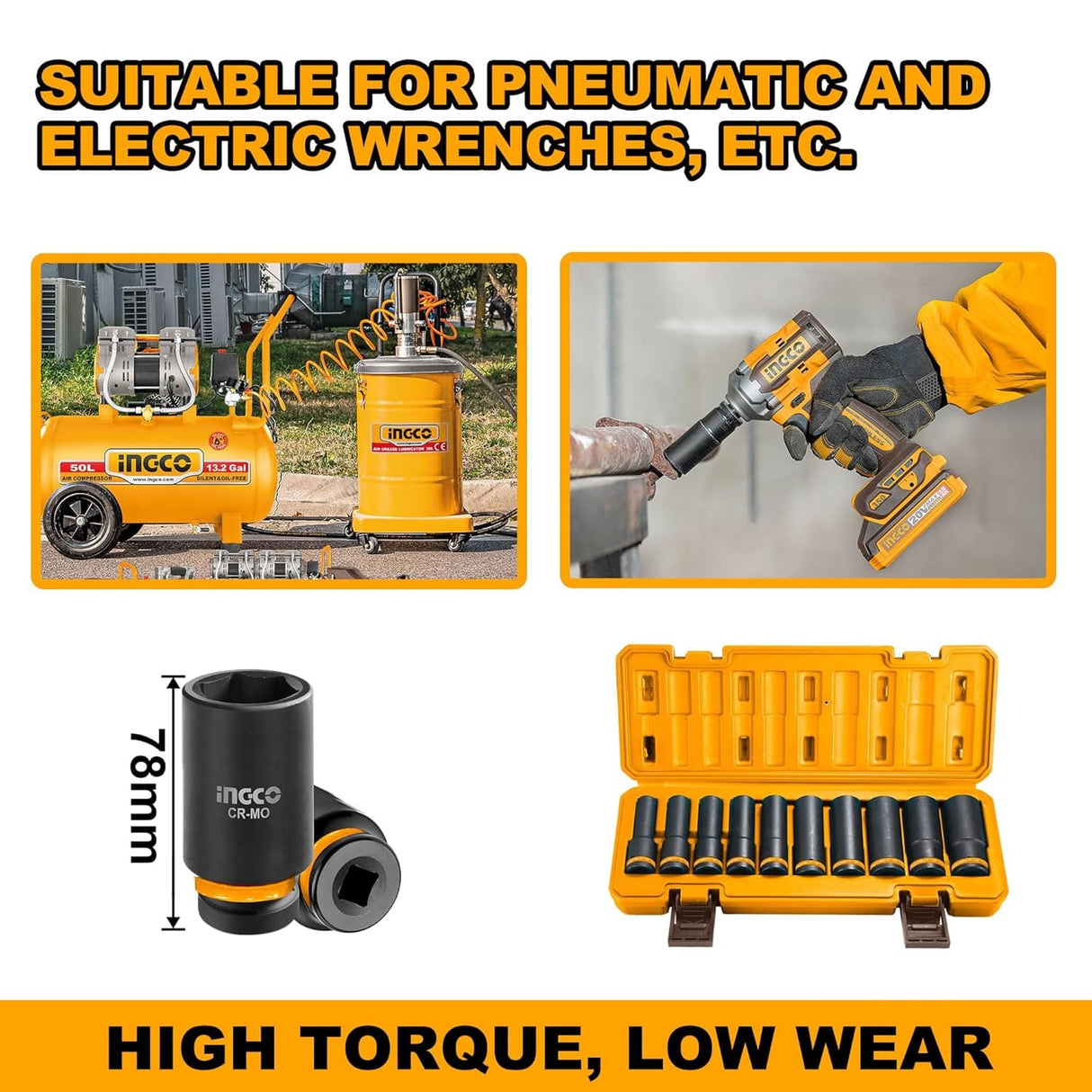 Ingco Sockets & Hex Keys Ingco ½″ 10-Piece Deep Impact Socket Set – HKISSD12102L