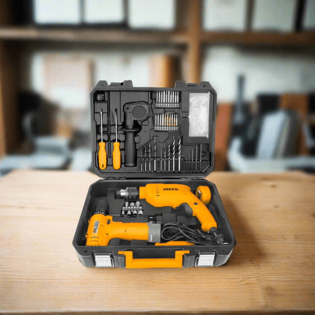 Ingco Tool Set Ingco 108 Pieces Tools Set with 680W Hammer Impact Drill & 12V Li-ion Cordless Drill - HKTHP11081