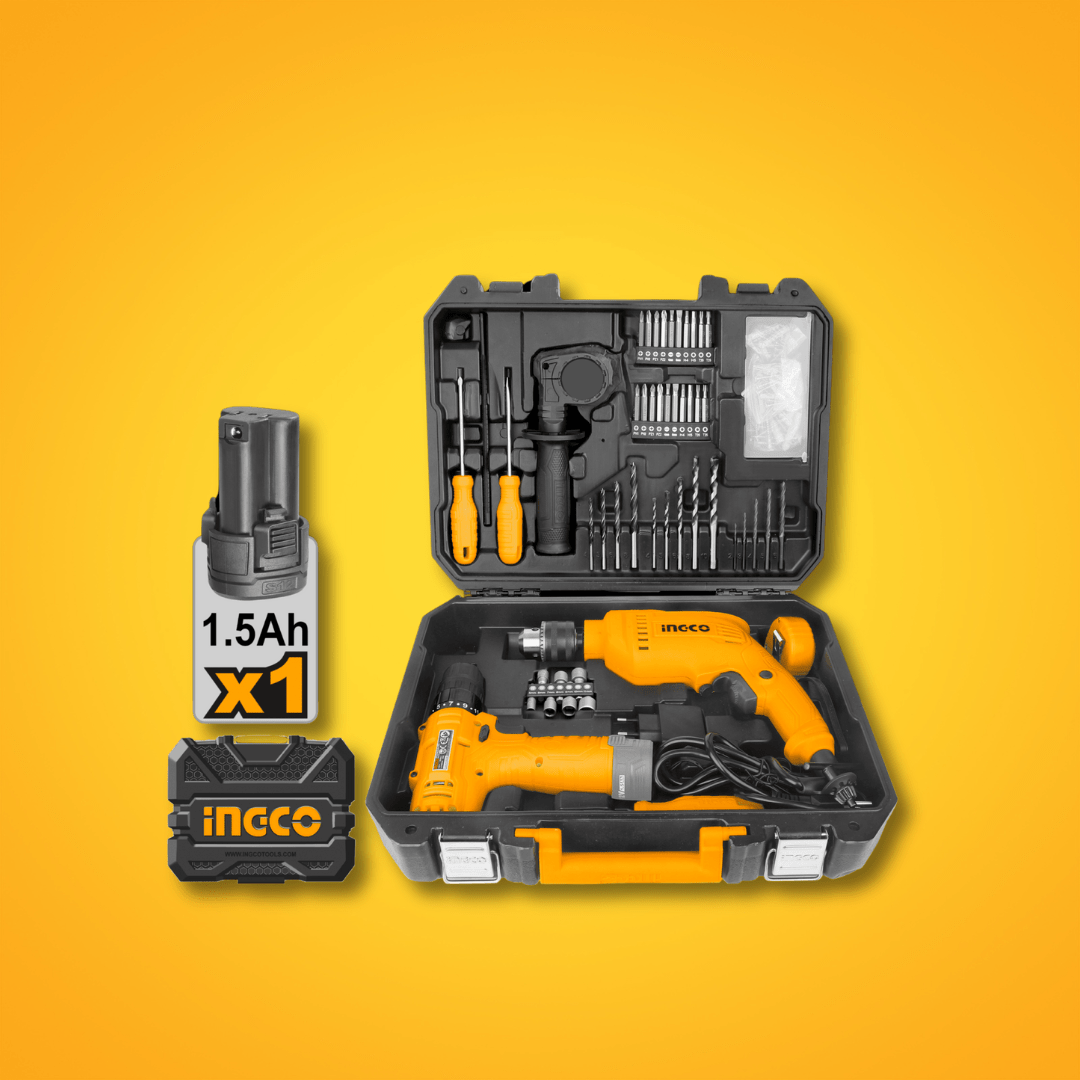 Ingco Tool Set Ingco 108 Pieces Tools Set with 680W Hammer Impact Drill & 12V Li-ion Cordless Drill - HKTHP11081