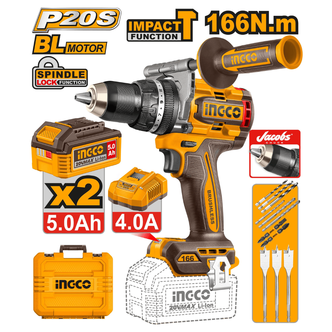 Ingco Drill Ingco 1100W Brushless Impact Drill With Two 5.0Ah Battery And 4.0A Charger - CIDLI201668