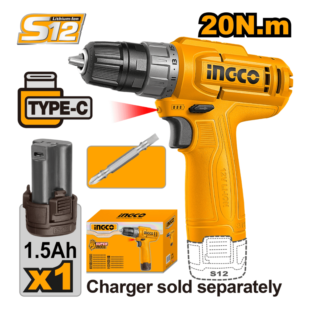 Ingco Drill Ingco 12V Lithium-Ion Cordless Drill - CDLI12456